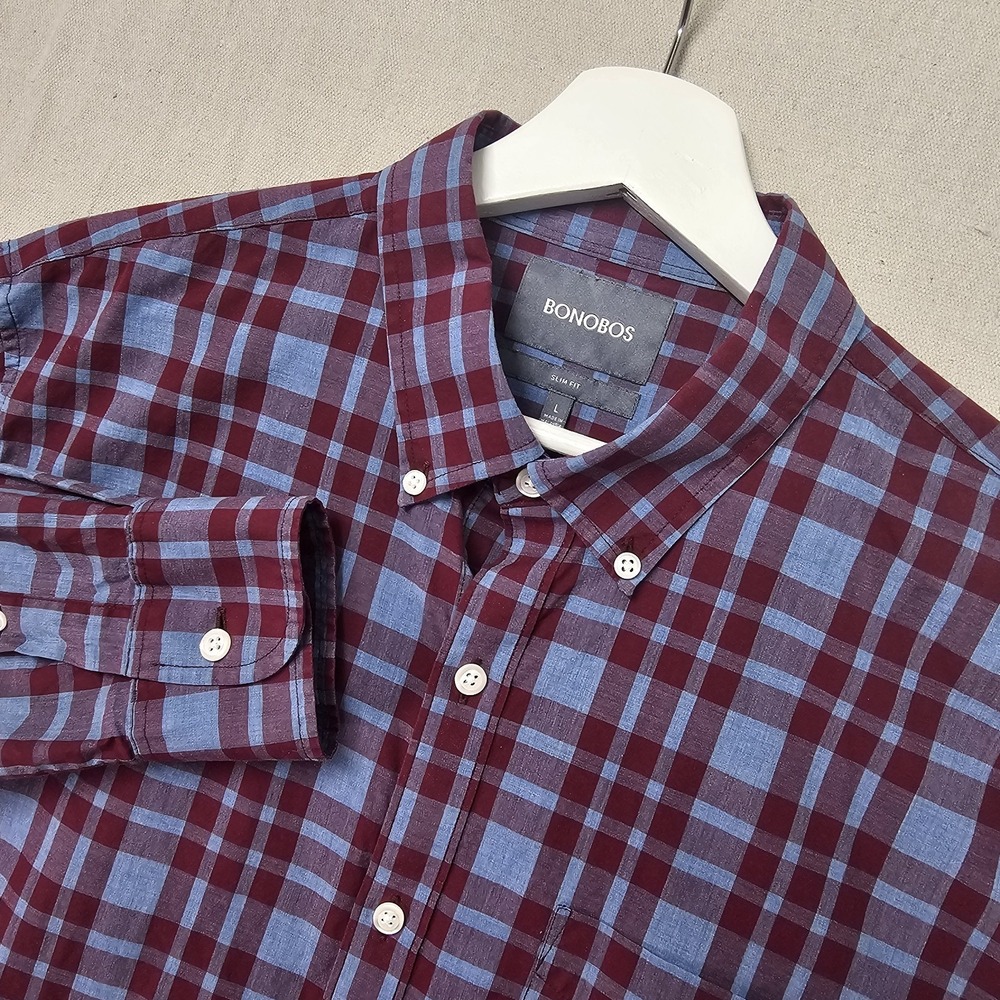 Bonobos Mens Large Blue Plaid Slim Fit Grid Check Long Sleeve Button Down Shirt